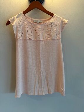 Loft Pink Eyelet Lace Embroidered Yoke Cap Sleeve Slub Knit Top Small